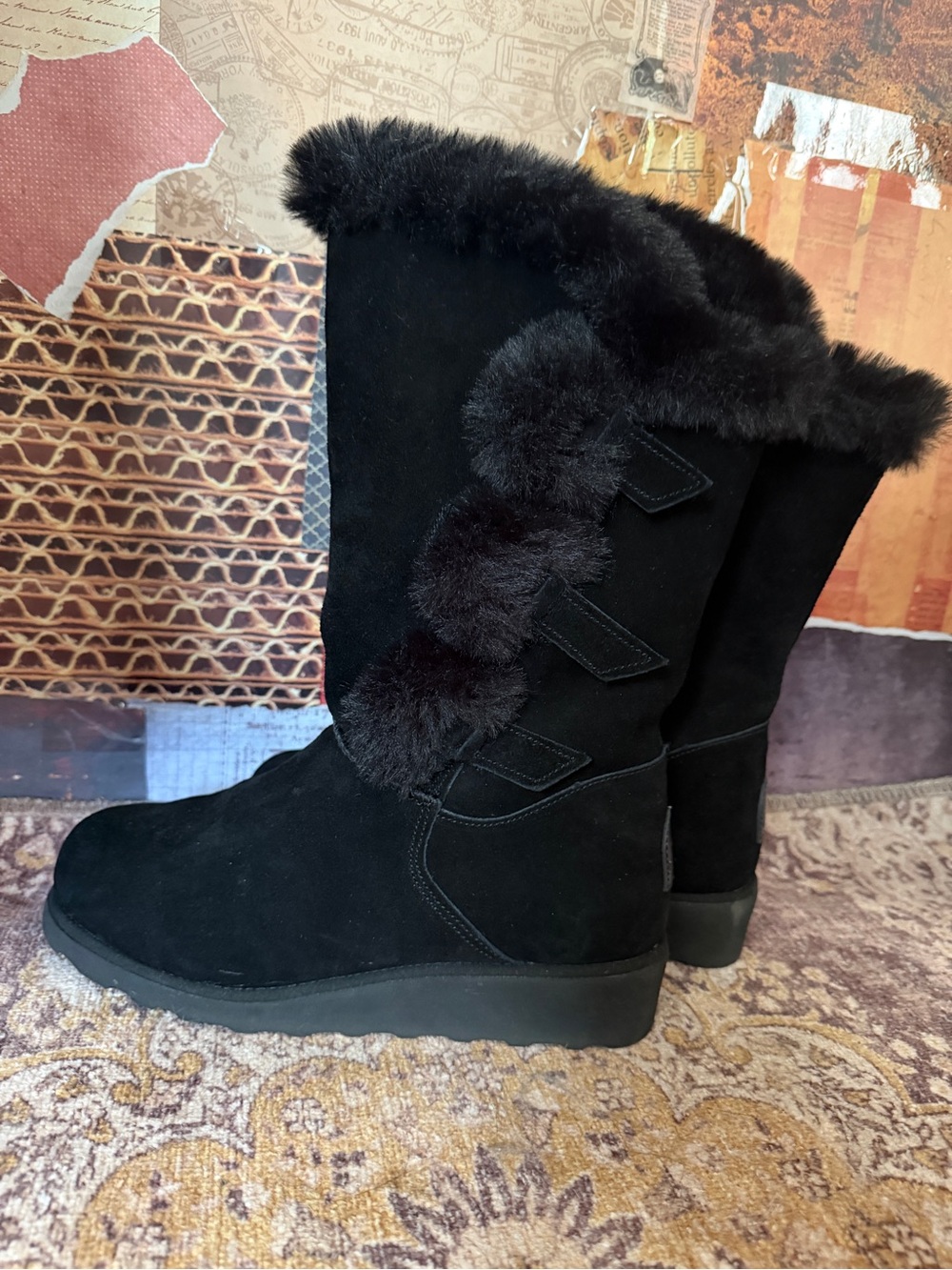 BearPaw Black Genevieve Faux Fur Wedge Heel Boot • Size 9